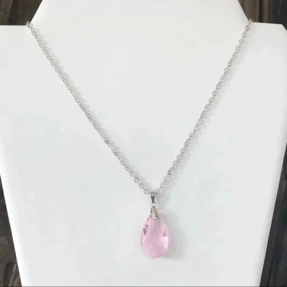Pink Crystal Teardrop Stainless Steel Necklace NWT